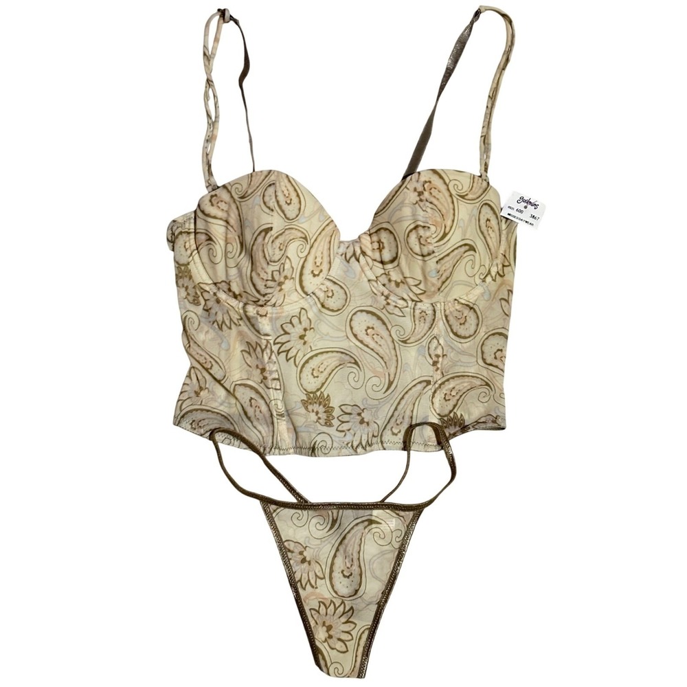 Y2K Native Intimates Beige Paisley Mesh Sheer Corset Bustier Thong Set 34C M NEW